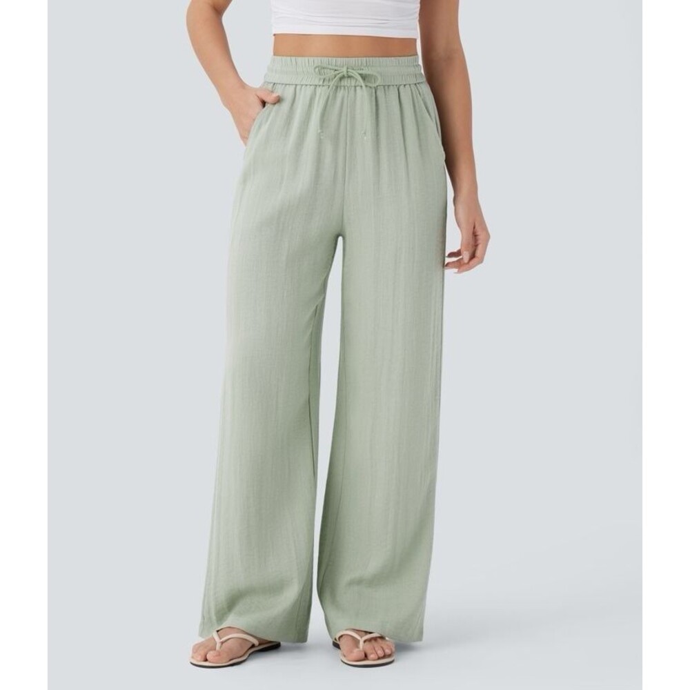 Halara High Waist Pocket Wide Leg Baggy Linen-Feel Pants Pale Aqua Large Petite